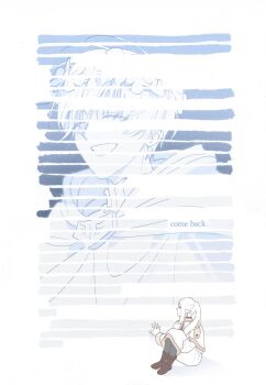 1girl :d black_pantyhose blackout_poetry boots brown_boots capelet cloak commentary elf english_commentary english_text frieren full_body hand_on_wall head_wreath hh123145 highres himmel_(sousou_no_frieren) hood hood_down hooded_cloak knees_to_chest long_hair long_sleeves open_mouth pantyhose pointy_ears redaction short_hair sitting skirt smile solo sousou_no_frieren twintails white_background white_hair white_skirt