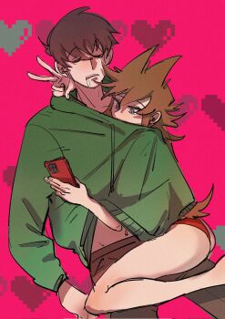 Rule 34 | 1boy, 1girl, animification, antenna hair, ass, brown hair, brown pants, cellphone, chinese commentary, commentary request, corrupted twitter file, couple, drawstring, drooling, edd (eddsworld), eddsworld, film grain, green hoodie, grey eyes, hair ears, heart, height difference, hetero, highres, holding, holding phone, hood, hood down, hoodie, kuangzihaixing, long hair, long sleeves, no pants, panties, pants, phone, pink background, red panties, selfie, shared clothes, short hair, simple background, sleeping, swept bangs, tori (eddsworld), underwear, v