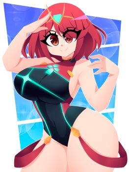 1girl 2023 arms_up blue_background border breasts chest_jewel closed_mouth commentary contrapposto core_crystal_(xenoblade) covered_navel cowboy_shot curvy english_commentary female_focus groin highres large_breasts looking_at_viewer monolith_soft nintendo one-piece_swimsuit outside_border pyra_(pro_swimmer)_(xenoblade) pyra_(xenoblade) red_eyes red_hair red_one-piece_swimsuit short_hair smile solo swimsuit thick_thighs thighs tiara xan_(xan42705228) xenoblade_chronicles_(series) xenoblade_chronicles_2