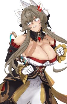 1girl absurdres anger_vein bare_shoulders blue_eyes breasts brooch cleavage clenched_hands clenched_teeth commentary constricted_pupils cowboy_shot detached_collar detached_sleeves dress english_commentary genshin_impact gloves grey_hair head_tilt highres jewelry kaiel_(artist) large_breasts long_hair long_sleeves sandrone_(genshin_impact) simple_background solo standing strapless strapless_dress teeth very_long_hair white_background white_gloves