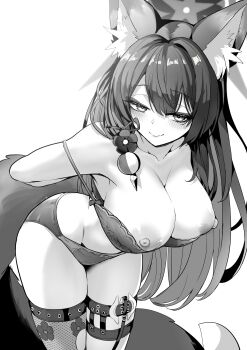 1girl absurdres animal_ear_fluff animal_ears arms_behind_back bare_shoulders bell blue_archive blush bra bra_pull breasts breasts_out cleavage closed_mouth clothes_pull cowboy_shot fox_ears fox_girl fox_tail greyscale hair_between_eyes hair_ornament highres jewelry large_breasts leaning_forward long_hair looking_at_viewer monochrome navel nipples panties sidelocks simple_background skindentation smile solo standing tail thigh_strap thighhighs torn_clothes torn_thighhighs underwear underwear_only undressing very_long_hair wakamo_(blue_archive) wisespeak