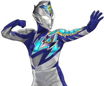 Rule 34 | 1boy, absurdres, alien, arm up, armor, asymmetrical armor, blue skin, breastplate, clenched hand, color timer, colored skin, commentary, compound eyes, cowboy shot, crystal, dorsal fin, english commentary, forehead jewel, giant, giant male, glowing, glowing eyes, highres, looking at viewer, male focus, multicolored skin, neo phantom, no pupils, outstretched arm, pectorals, shoulder armor, silver skin, simple background, solo, tokusatsu, toned, toned male, two-tone skin, ultra series, ultraman decker, ultraman decker (miracle type), ultraman decker (series), white background, white eyes, wrinkled skin