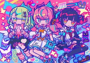 Rule 34 | 3girls, angels of delusion, aria (zenless zone zero), bare shoulders, black hair, black thighhighs, blonde hair, blue eyes, chibi, chibi only, commentary request, dress, full body, gradient eyes, highres, jewelry, looking at viewer, loose socks, multicolored eyes, multicolored hair, multiple girls, nail polish, nangong yu, orange eyes, pink hair, red nails, ring, socks, streaked hair, sunna (zenless zone zero), terada tera, thighhighs, toeless legwear, two-tone eyes, two-tone hair, white dress, yellow eyes, zenless zone zero