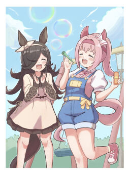 2girls :d ^_^ absurdres animal_ears bare_legs bird blue_overalls blue_sky blush border bottle bow brown_bow brown_collar brown_dress brown_hair brown_hairband bubble bubble_pipe bush clapping closed_eyes cloud collar commentary_request cross-laced_clothes cross-laced_sleeves day dot_nose dress ear_bow flipped_bangs flipped_hair flipped_sidelocks floral_print hair_intakes hair_over_one_eye hairband hand_up happy haru_urara_(casual)_(umamusume) haru_urara_(umamusume) headband highres holding holding_bottle horse_ears horse_girl horse_tail lace_collar lamppost leg_up long_bangs long_hair long_sleeves multiple_girls official_alternate_costume open_mouth outdoors overall_shorts overalls pink_shirt pinky_out ponytail puffy_long_sleeves puffy_short_sleeves puffy_sleeves red_headband red_shoes ribbon rice_shower_(casual)_(umamusume) rice_shower_(umamusume) shirt shoes short_sleeves sidelocks sky smile sneakers socks standing standing_on_one_leg striped_clothes striped_socks sunanuko_(ramuneko) sunlight swing swing_set tail teeth umamusume upper_teeth_only very_long_hair waist_bow white_border white_ribbon white_sleeves yellow_ribbon