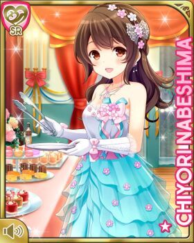 1girl :d alternate_hairstyle bare_shoulders blue_skirt bow breasts brown_eyes brown_hair card_(medium) character_name dress elbow_gloves flower_ornament frilled_dress frills girlfriend_(kari) gloves hair_down holding holding_plate holding_tongs jewelry looking_at_viewer multicolored_dress nabeshima_chiyori necklace official_art open_mouth pink_bow plate qp:flapper skirt sleeveless smile solo standing tongs white_gloves