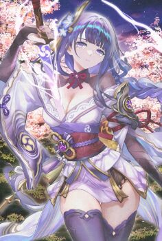 1girl black_bridal_gauntlets breasts bridal_gauntlets commentary_request genshin_impact hair_ornament highres holding holding_weapon human_scabbard japanese_clothes kimono large_breasts long_braid long_hair long_sleeves looking_at_viewer low-tied_long_hair miyashirokiyu mole mole_under_eye musou_isshin_(genshin_impact) obi purple_eyes purple_hair purple_kimono purple_thighhighs raiden_shogun sash solo thighhighs weapon