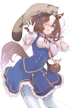 1girl ahoge animal animal_ears animal_on_head bag between_breasts bow breasts brown_hair commentary_request cowboy_shot ear_ribbon gloves hair_between_eyes hairband hands_up highres horse_ears horse_girl horse_tail long_sleeves meisho_doto_(turbulent_blue)_(umamusume) meisho_doto_(umamusume) mozu_(peth) multicolored_hair on_head one_eye_closed open_mouth pink_hairband purple_eyes raccoon shoulder_bag simple_background solo strap_between_breasts tail two-tone_hair umamusume white_background white_gloves white_hair