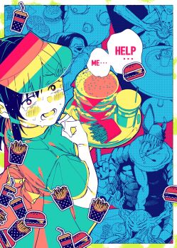 2girls antlers burger chainsaw chainsaw_devil chainsaw_man cup darkness_devil disposable_cup eating employee_uniform extra_eyes fast_food fast_food_uniform food french_fries future_devil_(chainsaw_man) hair_over_eyes higashiyama_kobeni highres horns kanitumuri leech_devil_(chainsaw_man) looking_at_viewer looking_back mole mole_under_mouth multiple_girls open_mouth restaurant scared sharp_teeth solo_focus speech_bubble sweat table tearing_up teeth tomato_devil_(chainsaw_man) tongue tongue_out tray visor_cap