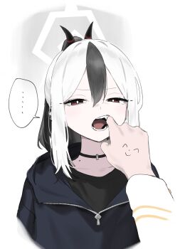 ... 1boy 1girl black_choker black_hair black_hoodie black_shirt blue_archive choker commentary_request finger_in_another&#039;s_mouth hair_between_eyes highres hood hoodie horns kayoko_(blue_archive) long_hair long_sleeves mole mole_on_neck multicolored_hair open_mouth ponytail red_eyes sensei_(blue_archive) shirt simple_background solo_focus spoken_ellipsis upper_body white_background white_hair zangaiiii1