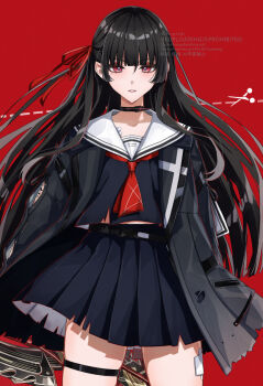 1girl black_choker black_hair black_jacket black_serafuku black_shirt black_skirt chisa_(wuthering_waves) choker collarbone commentary cowboy_shot hair_ribbon haruna_(hrnrnh) jacket long_hair looking_at_viewer mole mole_under_eye neckerchief parted_lips red_background red_eyes red_neckerchief red_ribbon ribbon sailor_collar school_uniform serafuku shirt skirt solo symbol-only_commentary thigh_strap thighs white_sailor_collar wuthering_waves
