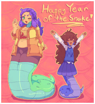 2girls :3 arm_behind_back arms_up blue_scales blue_sweater_vest blush border breasts brown_hair brown_skirt buttons cleavage clenched_hands closed_eyes commentary dot_nose english_commentary english_text fang fangs green_scales highres lamia large_breasts large_tail long_hair long_sleeves looking_at_viewer monster_girl multiple_girls navel one_eye_closed open_hands original outline outstretched_arms pink_background pleated_skirt plump purple_hair purple_skirt shadow short_eyebrows sillydogjoe skirt standing sweater_vest tail thick_eyebrows white_border yellow_outline