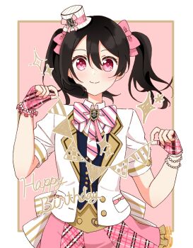 Rule 34 | 1girl, artist name, artist request, back bow, black hair, blush, bow, bowtie, bracelet, breasts, cardigan, checkered gloves, collared shirt, corset, dress, female focus, fingerless gloves, flat chest, floating hair, gloves, hair between eyes, hair bow, hat, hat ribbon, highres, holding, jacket, jewelry, long hair, looking at viewer, love live!, love live! school idol festival, love live! school idol festival after school activity, love live! school idol project, mini hat, miniskirt, parted lips, pearl bracelet, pink background, pink bow, pink bowtie, pink gloves, pink skirt, plaid clothes, plaid dress, plaid skirt, pleated, pleated dress, pleated skirt, red bow, red eyes, ribbon, shirt, short hair, short sleeves, short twintails, skirt, small breasts, smile, solo, sparkle, striped bow, striped bowtie, striped clothes, striped headwear, twintails, white background, white cardigan, white jacket, yazawa nico