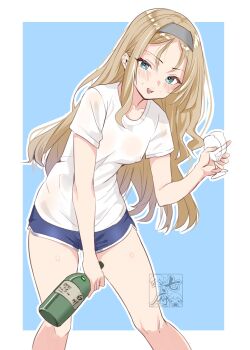 Rule 34 | 1girl, absurdres, alternate costume, artist logo, blonde hair, blue background, blue eyes, blue shorts, bottle, casual, commentary request, cup, dolphin shorts, drinking glass, feet out of frame, grey hairband, hairband, highres, kantai collection, logo, nelson (kancolle), sakurai nana (moshichi), shirt, shorts, smile, solo, translation request, two-tone background, watermark, white shirt, wine bottle, wine glass