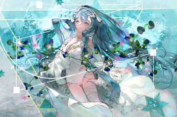 1girl 37_(down_in_the_grotto)_(reverse:1999) 37_(reverse:1999) bare_shoulders blue_background blue_eyes blue_hair cape chinese_commentary commentary_request cowboy_shot detached_sleeves floating_hair hair_between_eyes hair_ornament hand_on_own_chest hexagram highres long_hair looking_up miaowa_zhongzi_guaguale official_alternate_costume one-piece_swimsuit parted_lips plant reverse:1999 solo sparkle swimsuit very_long_hair white_cape white_one-piece_swimsuit white_sleeves