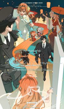 1girl absurdres flat_color highres lantern li_zeyan long_hair long_sleeves multiple_views necktie night night_sky oil-paper_umbrella orange_hair paper_lantern sky sky_lantern umbrella xiabai