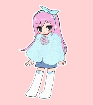 1girl alternate_costume aubrey_(faraway)_(omori) aubrey_(omori) blue_eyes blue_hairband blue_skirt chibi chibi_only denim denim_skirt double-parted_bangs full_body hair_between_eyes hairband kneehighs long_hair omori outline pink_background pink_hair sidelocks simple_background skirt socks solo true_erg white_outline white_socks