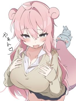 1girl ahoge alternate_breast_size_(larger) biting_another's_tail black_skirt borrowed_design breast_suppress breasts brown_sweater cleavage collarbone collared_shirt commentary_request fang gen_1_pokemon grey_eyes gyaru gyaru_slowpoke_(shin_no_tenpii) hair_between_eyes heart highres huge_breasts kogal leaning_forward long_hair looking_at_viewer miniskirt nintendo panda060 personification pink_hair pleated_skirt pokemon pokemon_tail raised_eyebrow shirt single_hair_intake skin_fang skirt sleeves_past_wrists slowbro spoken_heart sweater tail thighhighs very_long_hair white_shirt white_thighhighs zettai_ryouiki