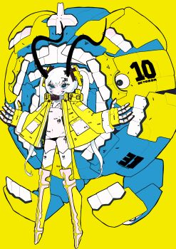 1girl absurdres bikini black_horns blue_eyes blush full_body highres horns jacket long_hair machine machinery muzinneki navel original outstretched_arms simple_background solo spread_arms standing swimsuit thighhighs twintails very_long_hair white_hair yellow_background yellow_jacket yellow_theme