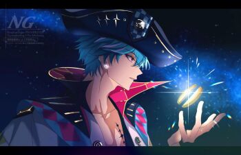 1boy blue_hair brant_(wuthering_waves) collarbone commentary english_commentary from_side hand_up hat highres letterboxed male_focus multicolored_hair open_clothes open_shirt parted_lips pink_eyes sae_naiyatsu short_hair solo streaked_hair tacet_mark_(wuthering_waves) tricorne upper_body watermark wuthering_waves