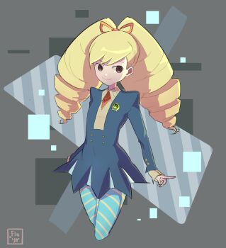 1girl absurdres artist_name blonde_hair blue_dress blue_pantyhose bow dress drill_hair fleyr grey_background hair_bow highres long_hair luna_platz_(mega_man) mega_man_(series) mega_man_star_force_(series) pantyhose signature smile striped_clothes striped_pantyhose twin_drills very_long_hair