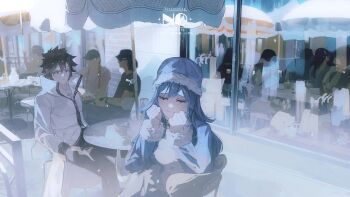 1boy 1girl absurdres black_eyes black_hair black_pants blue_hair blue_hat blue_jacket blush breasts cafe chair clenched_hands closed_eyes closed_mouth commentary english_commentary eyelashes fairy_tail fur-trimmed_headwear fur-trimmed_jacket fur_trim glass_door gray_fullbuster hair_between_eyes hand_in_pocket hands_up hat high_collar highres jacket jewelry juvia_lockser large_breasts long_hair looking_at_another necklace outdoors pants r_rinry95 scar scar_on_face short_hair sitting table white_jacket