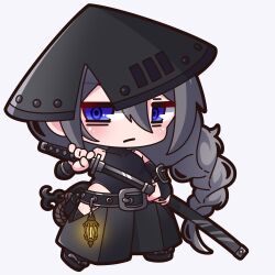Rule 34 | 1girl, absurdly long hair, absurdres, bare shoulders, black footwear, black hakama, black hat, black leotard, black thighhighs, blue eyes, blush, braid, bridal gauntlets, chibi, closed mouth, commentary request, covered collarbone, full body, grey background, grey hair, hair between eyes, hakama, hakama pants, hat, highres, hip vent, holding, holding sheath, holding sword, holding weapon, japanese clothes, jingasa, katana, lantern, leotard, long hair, looking at viewer, original, pants, saishosaisekojo, sandals, sheath, simple background, single braid, solo, sword, thighhighs, unsheathing, very long hair, weapon, zouri