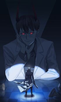 2boys black_coat black_hair black_shirt black_wings chess_piece chessboard coat collared_shirt demon_horns feathered_wings full_body glowing glowing_eyes gryregeneration hand_on_own_face highres holding holding_sheath horns kim_dokja looking_at_another mini_person miniboy multiple_boys official_alternate_costume omniscient_reader&#039;s_viewpoint open_clothes open_coat popped_collar red_eyes sheath shirt short_hair smile spotlight standing white_coat wings yoo_joonghyuk