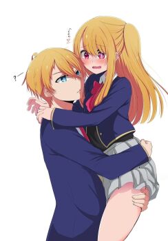 1boy 1girl ahoge black_sweater blonde_hair blue_eyes blue_jacket blush bow bowtie brother_and_sister embarrassed grey_skirt highres holding_person hoshino_aquamarine hoshino_ruby hug jacket long_hair one_side_up oshi_no_ko pink_eyes red_ribbon ribbon school_uniform serious shirt short short_hair siblings simple_background sisters skirt star-shaped_pupils star_(symbol) sweater symbol-shaped_pupils white_background white_shirt