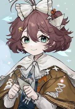 1girl absurdres ahoge bird_hair_ornament blue_background blue_eyes blue_vest bow bowtie brown_hair brown_jacket cape closed_mouth flutterpage hair_bow hair_ornament hands_up highres holding jacket looking_at_viewer oreugol origami paper_crane reverse:1999 shirt short_hair simple_bird smile solo upper_body vest white_bow white_bowtie white_cape white_shirt