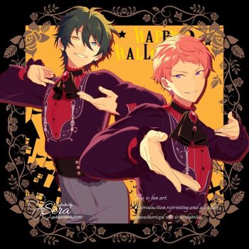 2boys artist_name black_border blue_eyes border buttons clenched_teeth commentary cowboy_shot english_text ensemble_stars! fingernails flower hair_between_eyes hands_up happy_halloween heterochromia itsuki_shu kagehira_mika kagehira_wa_doko_ka_ne! long_sleeves looking_at_viewer male_focus multiple_boys orange_eyes outstretched_hand pink_hair plant purple_eyes short_bangs short_hair smile teeth twitter_username upper_body valkyrie_(ensemble_stars!) vines watermark