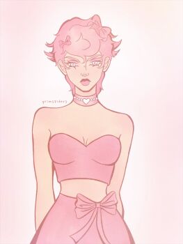 1girl artist_name bad_id bad_twitter_id bandeau choker closed_mouth eyelashes eyeshadow grimspiders hair_ribbon heart heart_choker highres jojo_no_kimyou_na_bouken looking_at_viewer makeup pink_bandeau pink_eyeshadow pink_hair pink_lips pink_ribbon ribbon short_hair simple_background solo trish_una upper_body