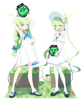 2girls absurdres alternate_costume bare_shoulders block_(minecraft) blue_archive blush commentary dan_nako demon_tail dress full_body green_hair green_halo halo hat highres hikari_(blue_archive) korean_commentary long_hair looking_at_viewer mary_janes minecraft multiple_girls nozomi_(blue_archive) open_mouth pantyhose pointy_ears sailor_collar sailor_dress sandals shoes siblings simple_background sisters sleeveless sleeveless_dress smile standing sun_hat sundress tail twins twintails very_long_hair white_background white_dress white_pantyhose yellow_eyes