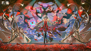 1girl absurdres bandage_over_one_eye bandaged_arm bandages bare_shoulders black_pantyhose bowing braid detached_sleeves dress flower grey_hair hecate_(wuthering_waves) high_heels highres holding holding_flower instrument logo long_hair low_twin_braids missing_commentary official_art pantyhose phrolova_(wuthering_waves) red_dress red_flower red_shoes shoes single_detached_sleeve solo_focus spider_lily stage tacet_discord_(wuthering_waves) tacet_mark_(wuthering_waves) twin_braids wide_shot wuthering_waves