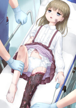 1girl 3others barefoot blue_eyes brown_hair burnt collared_shirt dotted_line drooling feet frilled_shirt frills gloves guro hospital injury intravenous_drip latex latex_gloves loli lying multiple_others navel on_back open_mouth original panties pleated_skirt purple_skirt shirt skirt sleeve_rolled_up suspender_skirt suspenders toes underwear vomit white_panties yuyuzuki_(yume_usagi)