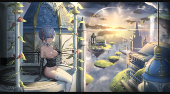 10s 1girl adapted_costume arm_support arms_at_sides balcony bare_shoulders black_gloves blue_eyes blue_hair blunt_bangs bottomless breasts building castle choker cleavage cloud cloudy_sky corset dome elbow_gloves evening fantasy female_focus floating_island flower frilled_choker frills from_side gloves grass groin hair_ornament hair_ribbon highres hk_(hk) ironwork landscape legs_together letterboxed looking_at_viewer matching_hair/eyes medium_breasts nipples no_pants off_shoulder pillar plant railing re:zero_kara_hajimeru_isekai_seikatsu rem_(re:zero) ribbon scenery short_hair sitting sky solo spire sun sunlight thighhighs thighs vines water waterfall white_gloves white_thighhighs