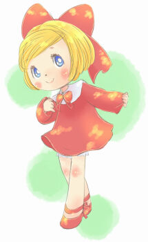1girl blonde_hair bloomers blue_eyes blush bow bowtie dress footwear_bow hair_bow long_sleeves looking_at_viewer original red_bow red_bowtie red_dress red_shoes red_theme shoes short_hair smile standing underwear white_background white_bloomers yamanokonza