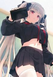 Rule 34 | 1girl, azur lane, black sailor collar, black serafuku, black skirt, blurry, blurry background, blush, board eraser, breasts, closed mouth, cowboy shot, crop top, crop top overhang, cropped shirt, formidable (azur lane), formidable (the lover&#039;s heart flutters on duty) (azur lane), from below, grey hair, hair ornament, highres, large breasts, long hair, long sleeves, looking at viewer, midriff, miniskirt, navel, neckerchief, official alternate costume, pleated skirt, puffy long sleeves, puffy sleeves, red eyes, red neckerchief, sailor collar, saipaco, school uniform, serafuku, skirt, solo, sweat, thighhighs, twintails, upper body, very long hair, white thighhighs