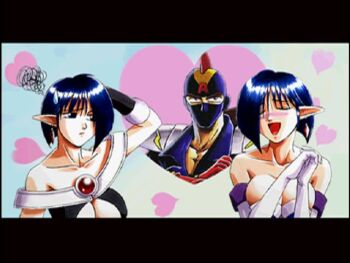 atago_misa atago_risa bare_shoulders blue_hair blush breasts cleavage elbow_gloves embarrassed ending gloves heart large_breasts lightning_legend official_art pointy_ears ratsel_adolf short_hair sweatdrop underboob