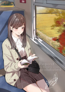 1girl bag blush book brown_cardigan brown_hair brown_skirt cardigan closed_mouth collared_shirt day handbag high-waist_skirt highres holding holding_book long_hair long_sleeves motion_blur open_book open_cardigan open_clothes orange_eyes original reading shirt shoulder_bag sitting skirt smile solo soragane_(banisinngurei) train_interior unbuttoned white_shirt