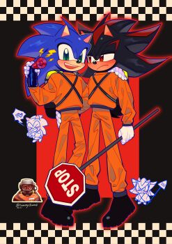 2boys absurdres animal_ears animal_nose backpack bag black_border black_footwear black_fur blue_fur blush boots border closed_mouth crossover full_body furry furry_male gloves green_eyes half-closed_eyes hand_on_another&#039;s_shoulder hand_up heart hedgehog_boy highres holding holding_sign lethal_company lightning_bolt_symbol long_sleeves looking_at_another looking_at_viewer multiple_boys open_mouth orange_pants orange_shirt outside_border pants red_background red_eyes red_fur road_sign shadow_the_hedgehog shirt sign simple_background smile sonic_(series) sonic_the_hedgehog standing stop_sign teeth twitter_username two-tone_fur usheriiu white_gloves