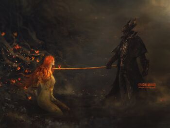 1boy 1girl amputee blood bloodborne breasts bug butterfly cloak coat completely_nude crossover elden_ring fromsoftware gloves hat highres holding holding_sword holding_weapon hunter_(bloodborne) insect long_hair malenia_blade_of_miquella malenia_goddess_of_rot mask mouth_mask nude prosthesis prosthetic_arm prosthetic_leg red_hair shimhaq standing sword tricorne very_long_hair weapon