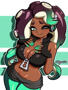 1girl absurdres aqua_pantyhose bare_arms breasts cephalopod_eyes cleavage commentary cropped_vest dark-skinned_female dark_skin english_commentary fingerless_gloves gloves highres lazuli_witch long_hair marina_(off_the_hook_outfit)_(splatoon) marina_(splatoon) midriff mole mole_under_mouth navel_piercing nintendo octoling one_eye_closed pantyhose pantyhose_under_shorts piercing pink_pupils shorts splatoon_(series) suction_cups tentacle_hair vest zipper_pull_tab