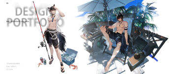 1boy abs beach_umbrella black_shorts character_request coca-cola coconut cooler copyright_name fishing_rod grill highres male_focus mist_sequence open_clothes open_shirt palm_tree pectorals see-through_clothes see-through_shirt shirt shorts solo toned toned_male tree umbrella yi_yuansu_san_gong