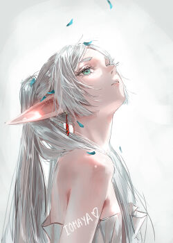 1girl artist_name bare_shoulders blue_petals dress earrings elf facing_away falling_petals frieren green_eyes heart highres jewelry long_eyelashes long_hair looking_up nixeu off-shoulder_dress off_shoulder parted_bangs parted_lips petals pointy_ears simple_background solo sousou_no_frieren standing thick_eyebrows twintails upper_body white_background white_dress white_hair