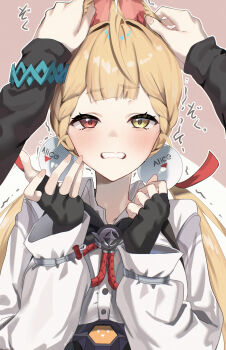 1girl 1other absurdres alice_thymefield animal_ears asupa_mayo0210 black_gloves blonde_hair blush closed_mouth collared_shirt commentary_request fingerless_gloves gloves grabbing_another&#039;s_ear hand_on_another&#039;s_ear heterochromia highres long_hair looking_at_viewer low_twintails rabbit_ears rabbit_girl red_eyes shirt twintails very_long_hair white_shirt yellow_eyes zenless_zone_zero