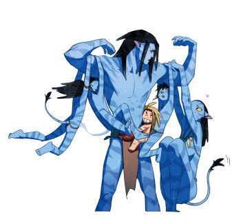 Rule 34 | 3boys, 3girls, abs, absurdres, alien, animal ears, avatar: the way of water, black hair, blue skin, breasts, brown hair, carrying, carrying multiple people, carrying person, colored skin, commentary request, double biceps pose, dreadlocks, duak (halcyon1751111), family, father and daughter, father and son, flexing, gas mask, happy, height difference, highres, husband and wife, jake sully, james cameron's avatar, kiri (avatar), korean commentary, lo'ak, loincloth, mask, multiple boys, multiple girls, muscular, muscular male, na'vi, neytiri, pectorals, pelvic curtain, small breasts, spider (avatar), strong, tail, topless female, topless male, tuktirey