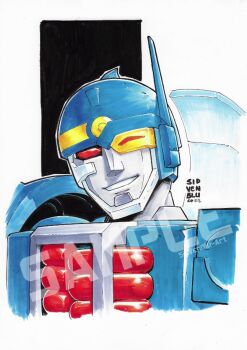 1boy blue_helmet helmet humanoid_robot mecha mecha_focus no_humans red_eyes robot science_fiction side_burn_(transformers) sidvenblu transformers transformers_car_robots upper_body