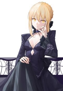 1girl absurdres artoria_pendragon_(fate) black_dress black_ribbon blonde_hair breasts cleavage closed_mouth commentary_request dress fate/grand_order fate_(series) hair_between_eyes hair_ribbon head_rest highres kaze_22 korean_commentary long_sleeves looking_at_viewer ribbon saber_alter saber_alter_(third_ascension) short_hair sidelocks simple_background sitting small_breasts solo white_background wide_sleeves yellow_eyes