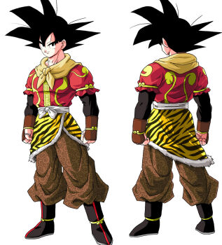 Rule 34 | 1boy, black hair, commentary request, cosplay, dragon ball, dragon ball (classic), full body, highres, journey to the west, kamishima kanon, male focus, multiple views, simple background, smile, son goku, spiked hair, sun wukong, sun wukong (cosplay), white background
