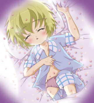 00s 1girl bed_sheet blonde_hair blush bow bow_panties cherry_blossoms closed_eyes female_focus grasping_sheets higurashi_no_naku_koro_ni houjou_satoko loli navel pajamas panties pillow purple_panties satoru satoru_(hanayoru) short_hair sleeping solo underwear